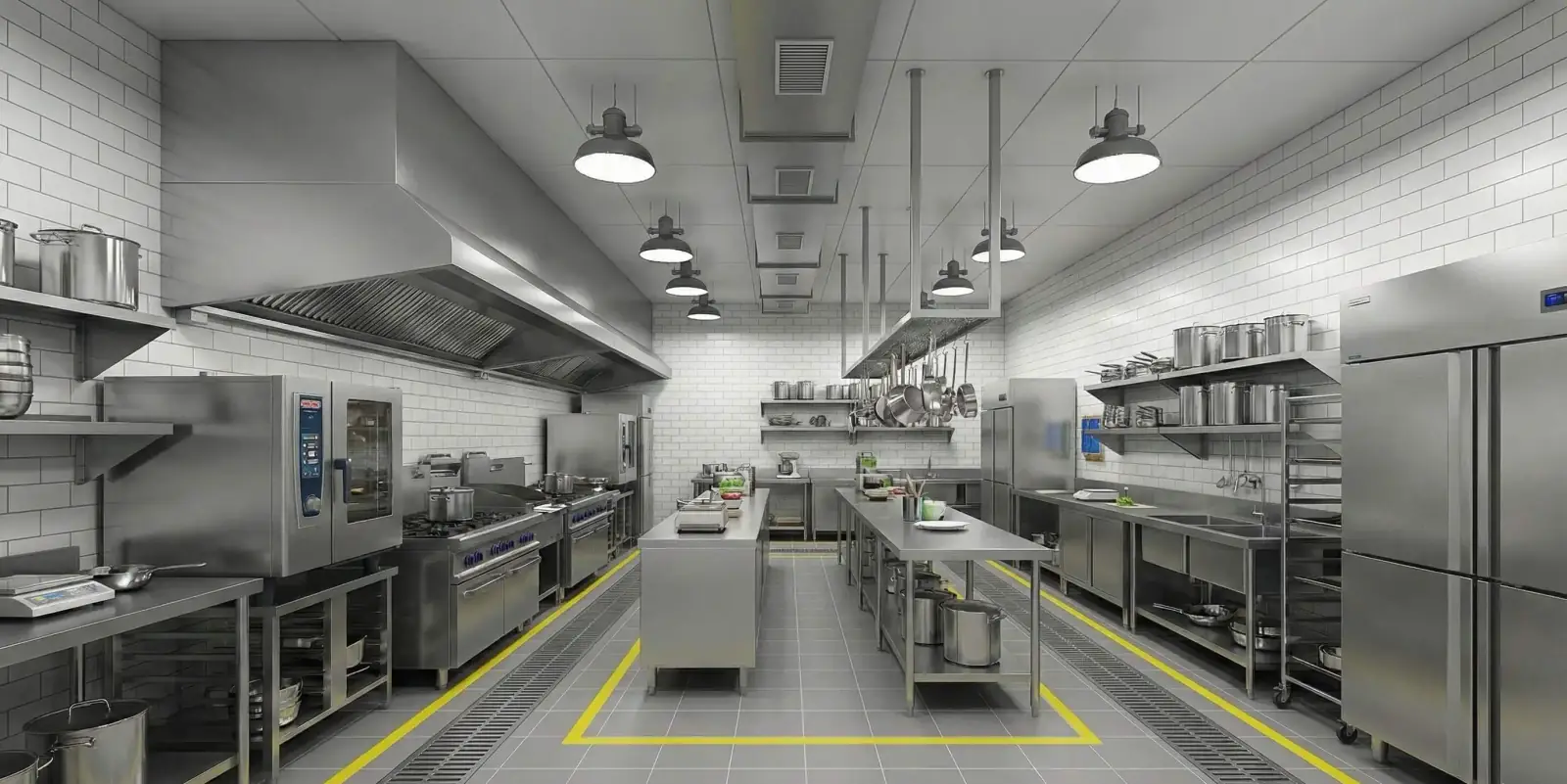 Commercial kitchen equipment installation with stainless workstations and ventilation hood