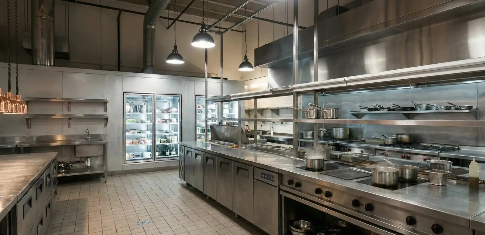 Commercial kitchen project delivery with stainless fabrication and cooking line equipment